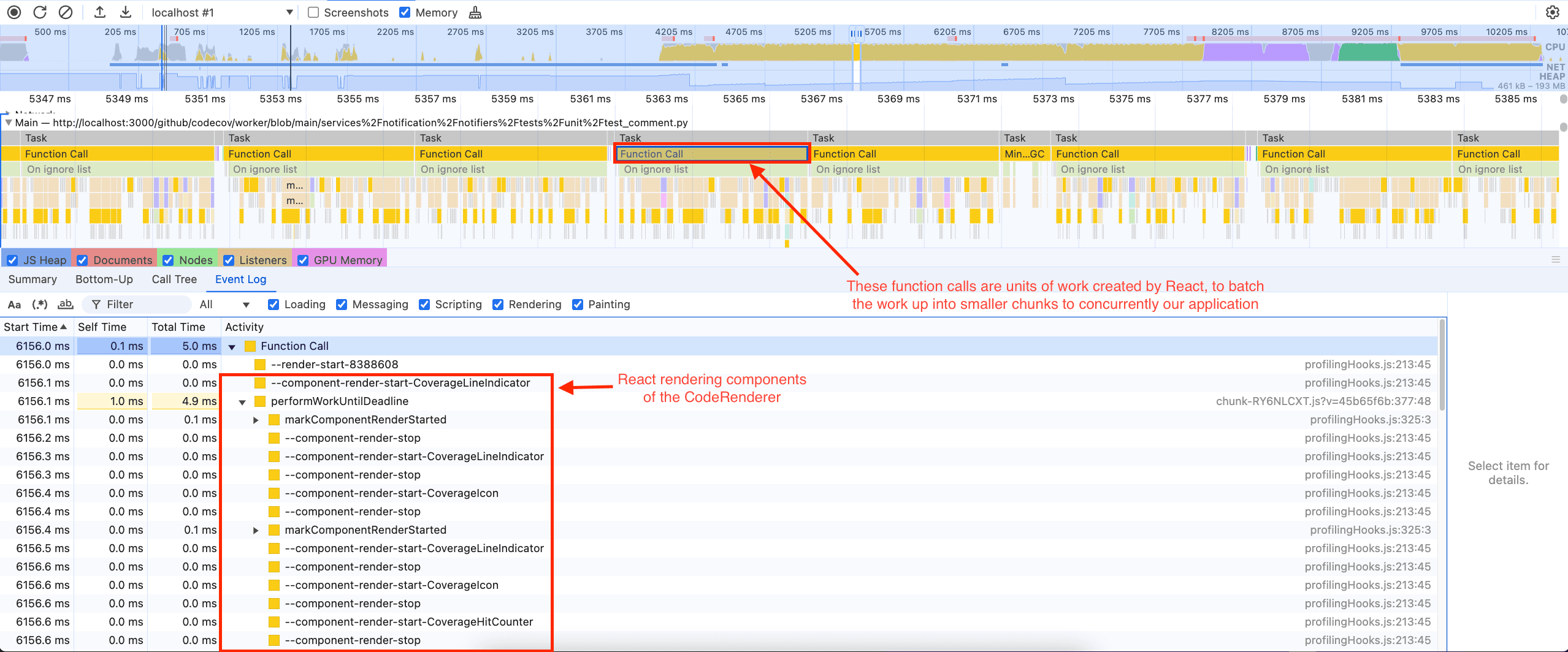 Zoomed in flame graph of the focusing on the React rendering