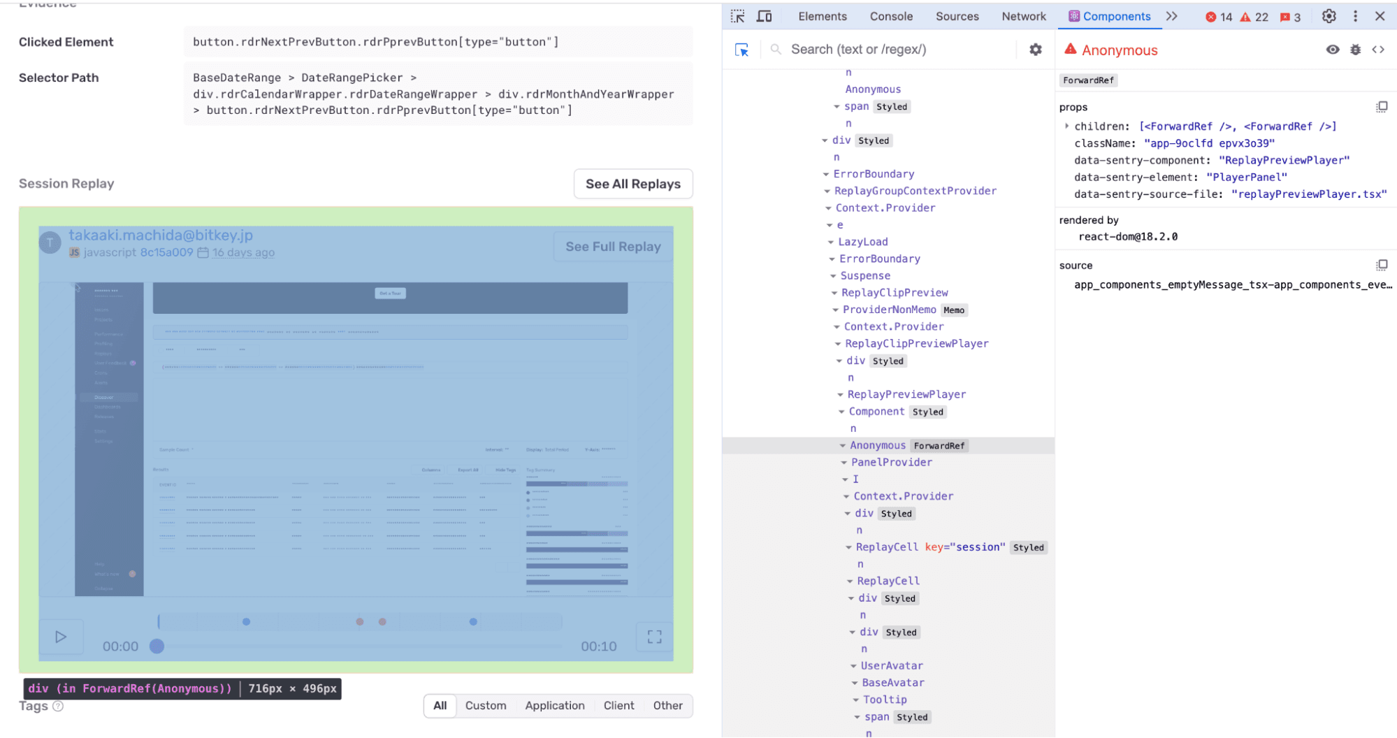 React Components developer tools showing the data-sentry-component, data-sentry-element, and data-sentry-source-file annotations